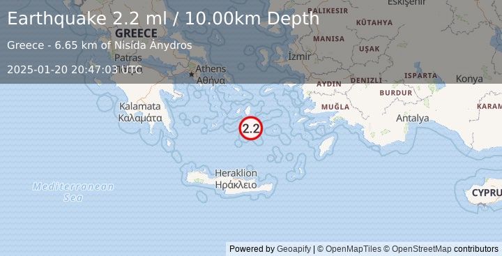 Earthquake DODECANESE ISLANDS, GREECE (2.2 ml) (2025-01-20 20:47:03 UTC)