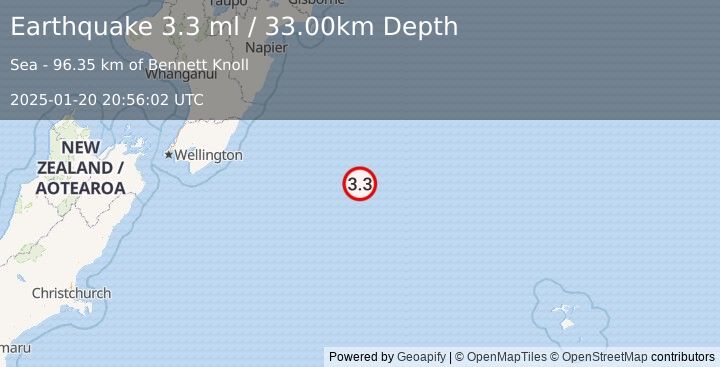 Earthquake OFF E. COAST OF N. ISLAND, N.Z. (3.3 ml) (2025-01-20 20:56:02 UTC)