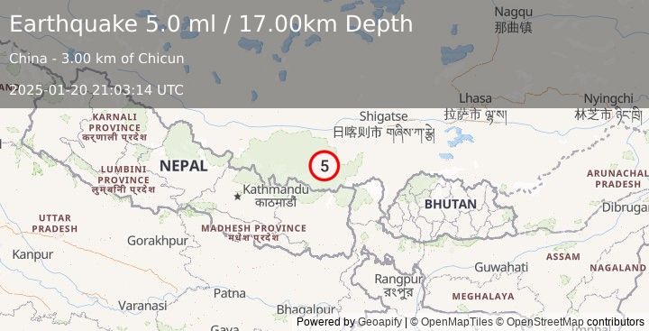 Earthquake WESTERN XIZANG (5.0 ml) (2025-01-20 21:03:14 UTC)