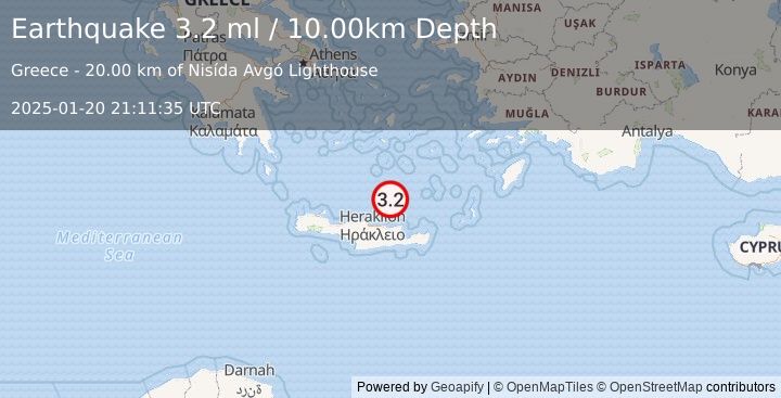 Earthquake CRETE, GREECE (3.2 ml) (2025-01-20 21:11:35 UTC)