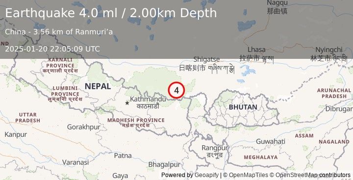 Earthquake WESTERN XIZANG (3.9 ml) (2025-01-20 22:05:14 UTC)