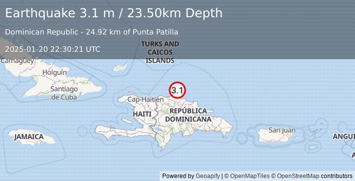 Earthquake DOMINICAN REPUBLIC REGION (3.1 m) (2025-01-20 22:30:21 UTC)