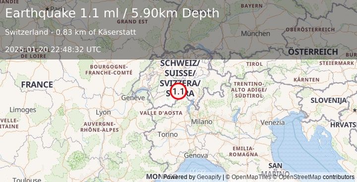 Earthquake SWITZERLAND (1.1 ml) (2025-01-20 22:48:32 UTC)