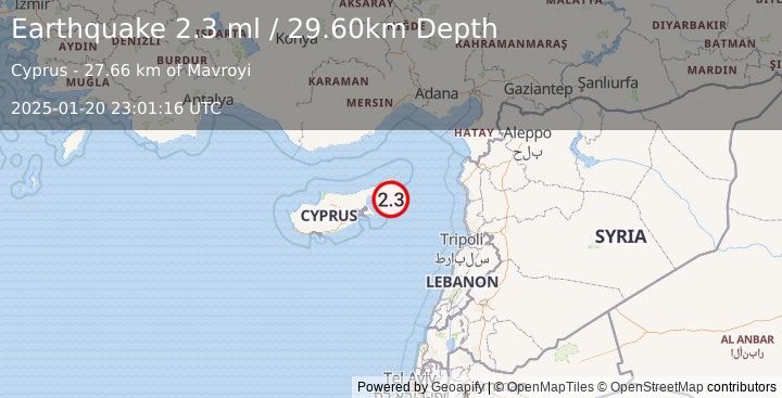 Earthquake CYPRUS REGION (2.3 ml) (2025-01-20 23:01:16 UTC)