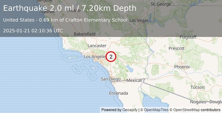 Earthquake GREATER LOS ANGELES AREA, CALIF. (2.0 ml) (2025-01-21 02:10:36 UTC)