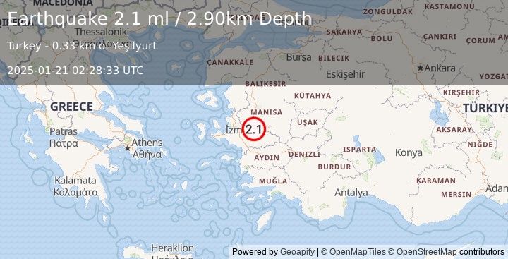 Earthquake WESTERN TURKEY (2.1 ml) (2025-01-21 02:28:33 UTC)