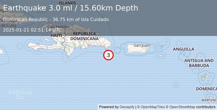 Earthquake DOMINICAN REPUBLIC REGION (3.0 ml) (2025-01-21 02:51:14 UTC)