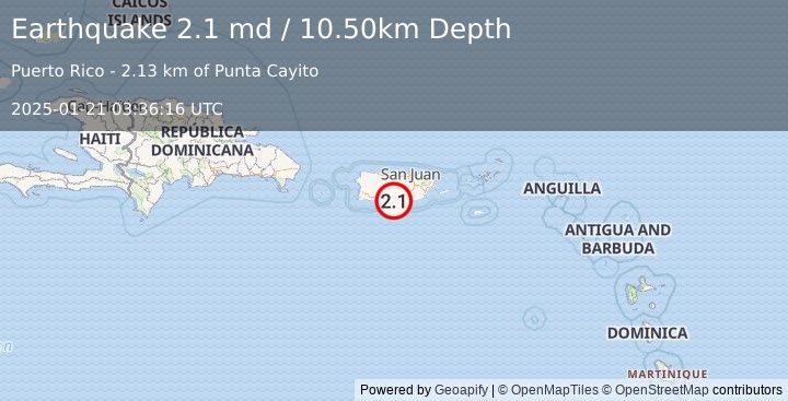 Earthquake PUERTO RICO REGION (2.1 md) (2025-01-21 03:36:16 UTC)