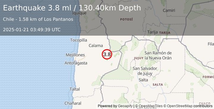 Earthquake ANTOFAGASTA, CHILE (3.8 ml) (2025-01-21 03:49:39 UTC)