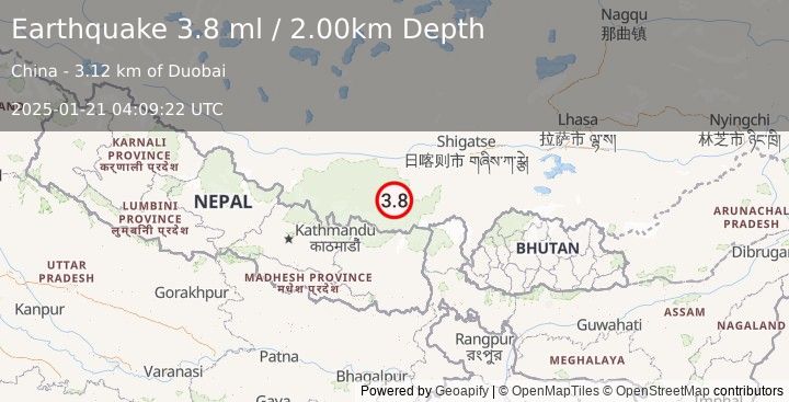 Earthquake WESTERN XIZANG (3.8 ml) (2025-01-21 04:09:22 UTC)