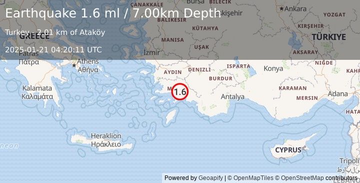 Earthquake WESTERN TURKEY (1.6 ml) (2025-01-21 04:20:11 UTC)