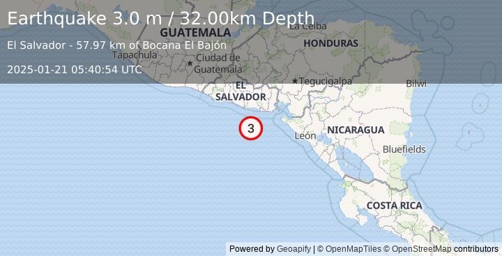 Earthquake OFFSHORE EL SALVADOR (3.0 m) (2025-01-21 05:40:54 UTC)