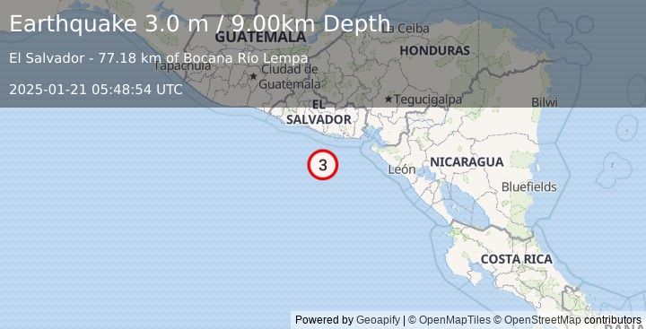 Earthquake OFFSHORE EL SALVADOR (3.0 m) (2025-01-21 05:48:54 UTC)