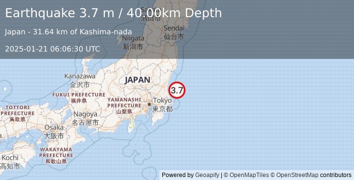 Earthquake NEAR EAST COAST OF HONSHU, JAPAN (3.7 m) (2025-01-21 06:06:30 UTC)