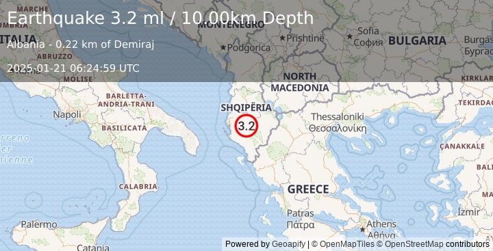 Earthquake ALBANIA (3.2 ml) (2025-01-21 06:25:00 UTC)