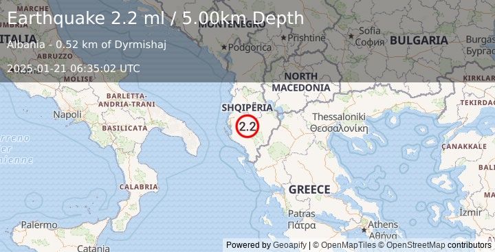 Earthquake ALBANIA (2.2 ml) (2025-01-21 06:35:02 UTC)