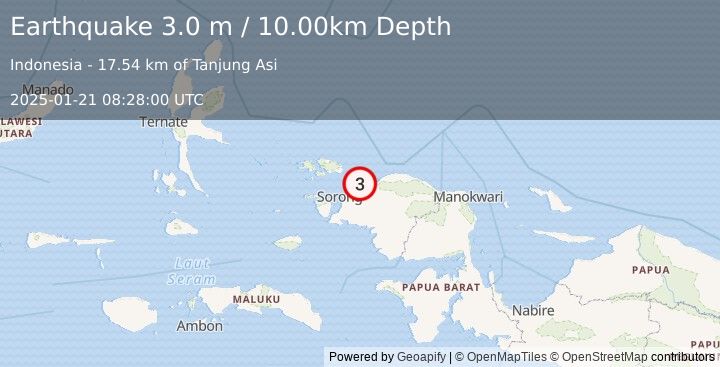 Earthquake NEAR N COAST OF PAPUA, INDONESIA (3.0 m) (2025-01-21 08:28:00 UTC)