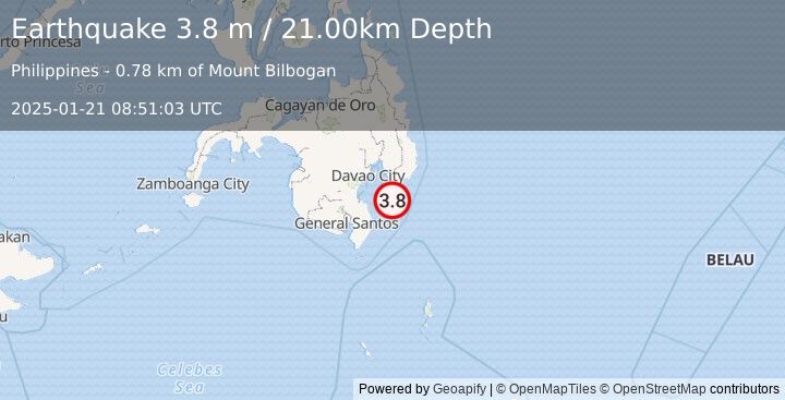 Earthquake MINDANAO, PHILIPPINES (3.8 m) (2025-01-21 08:51:03 UTC)