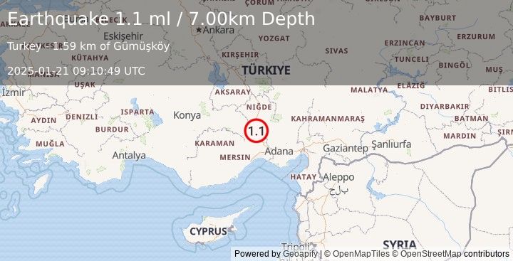 Earthquake CENTRAL TURKEY (1.1 ml) (2025-01-21 09:10:49 UTC)