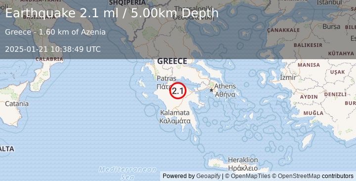 Earthquake SOUTHERN GREECE (2.1 ml) (2025-01-21 10:38:49 UTC)