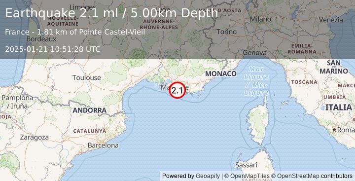 Earthquake NEAR SOUTH COAST OF FRANCE (2.1 ml) (2025-01-21 10:51:28 UTC)