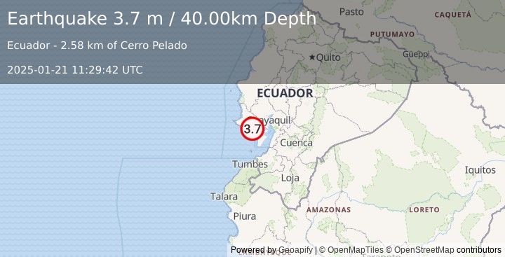 Earthquake NEAR COAST OF ECUADOR (3.7 m) (2025-01-21 11:29:42 UTC)