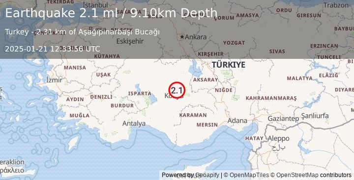 Earthquake CENTRAL TURKEY (2.1 ml) (2025-01-21 12:33:56 UTC)