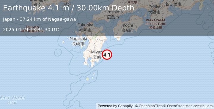 Earthquake SOUTHEAST OF SHIKOKU, JAPAN (4.1 m) (2025-01-21 13:31:30 UTC)