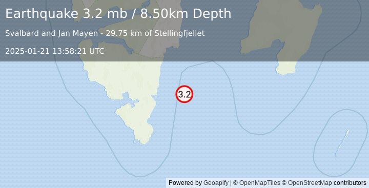 Earthquake SVALBARD REGION (3.2 mb) (2025-01-21 13:58:21 UTC)