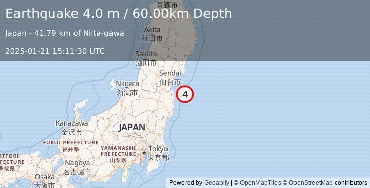 Earthquake NEAR EAST COAST OF HONSHU, JAPAN (4.0 m) (2025-01-21 15:11:30 UTC)