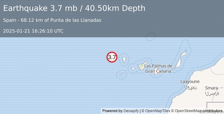 Earthquake CANARY ISLANDS, SPAIN REGION (3.7 mb) (2025-01-21 16:26:10 UTC)