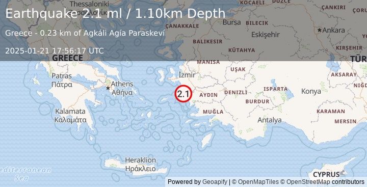 Earthquake DODECANESE ISLANDS, GREECE (2.1 ml) (2025-01-21 17:56:17 UTC)