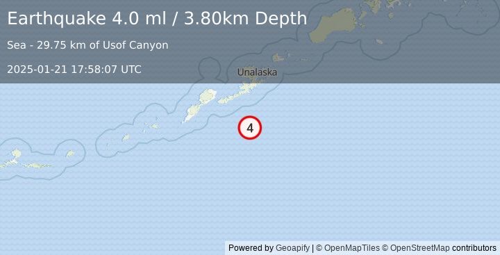 Earthquake FOX ISLANDS, ALEUTIAN ISLANDS (4.0 ml) (2025-01-21 17:58:07 UTC)