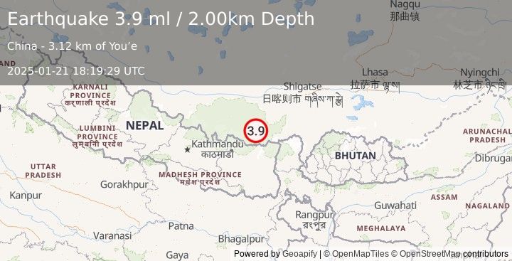 Earthquake WESTERN XIZANG (3.9 ml) (2025-01-21 18:19:29 UTC)