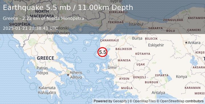 Earthquake NEAR THE COAST OF WESTERN TURKEY (5.2 mb) (2025-01-21 20:38:43 UTC)