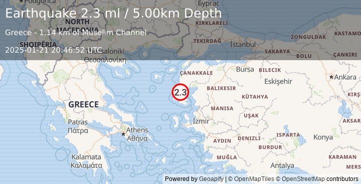 Earthquake NEAR THE COAST OF WESTERN TURKEY (2.3 ml) (2025-01-21 20:46:52 UTC)