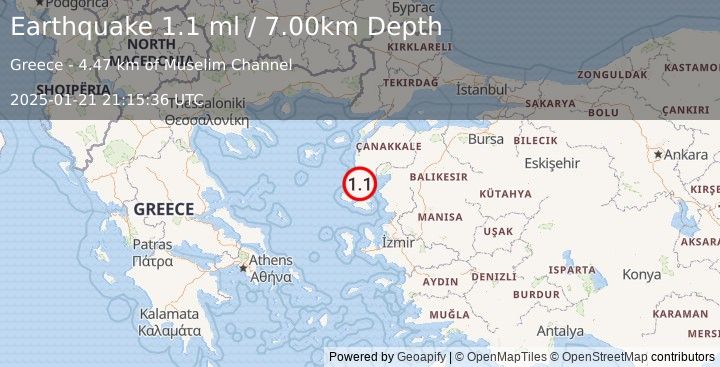 Earthquake NEAR THE COAST OF WESTERN TURKEY (1.1 ml) (2025-01-21 21:15:36 UTC)