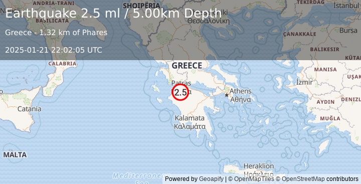 Earthquake GREECE (2.5 ml) (2025-01-21 22:02:05 UTC)