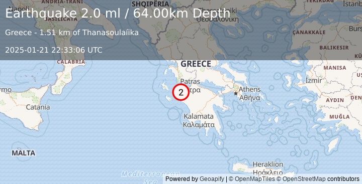 Earthquake GREECE (2.0 ml) (2025-01-21 22:33:06 UTC)