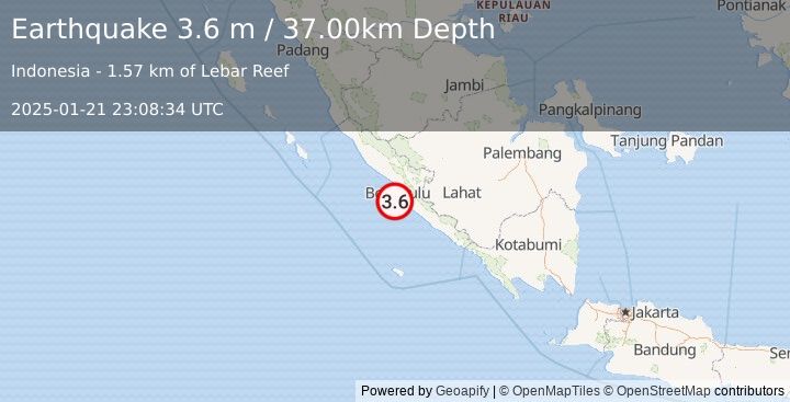 Earthquake SOUTHERN SUMATRA, INDONESIA (3.6 m) (2025-01-21 23:08:34 UTC)