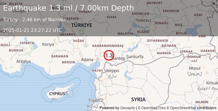 Earthquake CENTRAL TURKEY (1.3 ml) (2025-01-21 23:27:22 UTC)