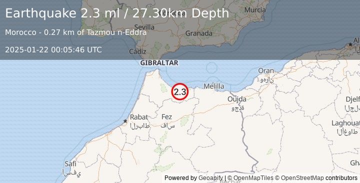 Earthquake STRAIT OF GIBRALTAR (2.3 ml) (2025-01-22 00:05:46 UTC)