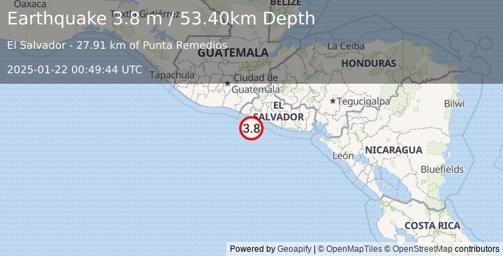 Earthquake OFFSHORE EL SALVADOR (3.8 m) (2025-01-22 00:49:44 UTC)