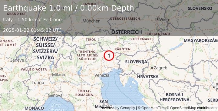 Earthquake NORTHERN ITALY (1.0 ml) (2025-01-22 01:45:02 UTC)