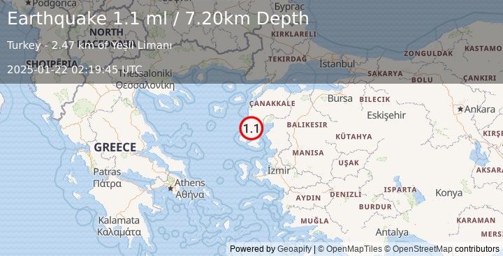 Earthquake NEAR THE COAST OF WESTERN TURKEY (1.1 ml) (2025-01-22 02:19:45 UTC)