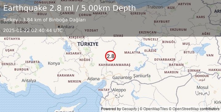 Earthquake CENTRAL TURKEY (2.8 ml) (2025-01-22 02:40:45 UTC)