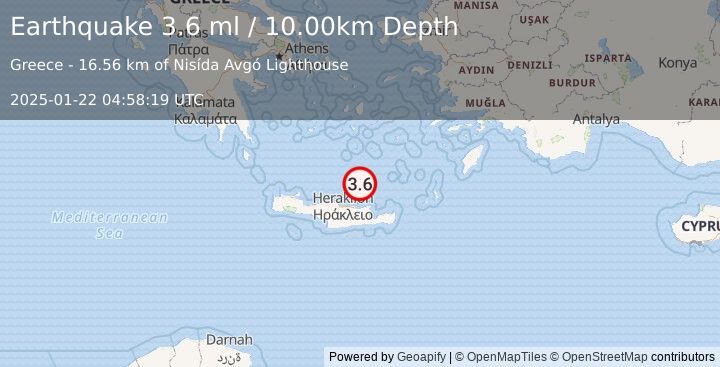 Earthquake CRETE, GREECE (3.6 ml) (2025-01-22 04:58:19 UTC)