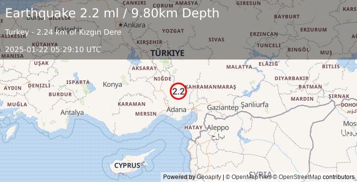 Earthquake CENTRAL TURKEY (2.1 ml) (2025-01-22 05:29:11 UTC)