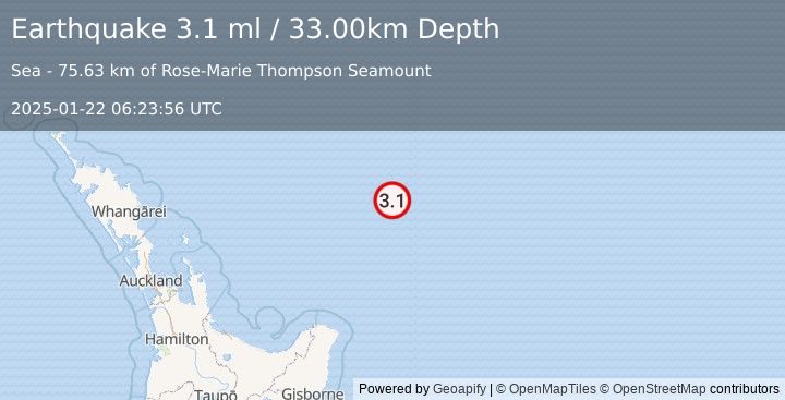 Earthquake OFF E. COAST OF N. ISLAND, N.Z. (3.1 ml) (2025-01-22 06:23:56 UTC)