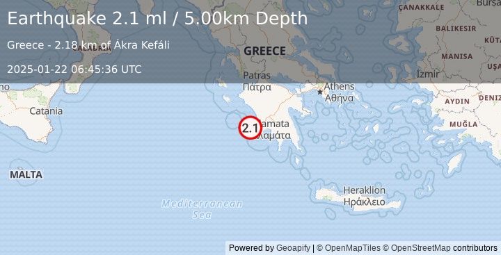 Earthquake SOUTHERN GREECE (2.1 ml) (2025-01-22 06:45:36 UTC)